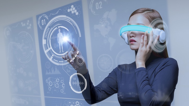 futuristic woman wearing head mount display and touching stereoscopic vision