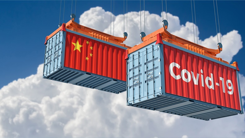 Chinese shipping container and Covid-19 (Lightboxx/Shutterstock.com)