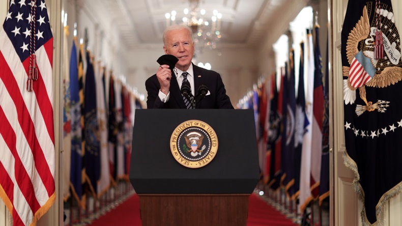 U.S. President Joe Biden speaks as he gives a primetime address to the nation from the East Room of the White House March 11, 2021 in Washington, DC. President Biden gave the address to mark the one-year anniversary of the shutdown due to the COVID-19 pandemic. (Photo by Alex Wong/Getty Images)