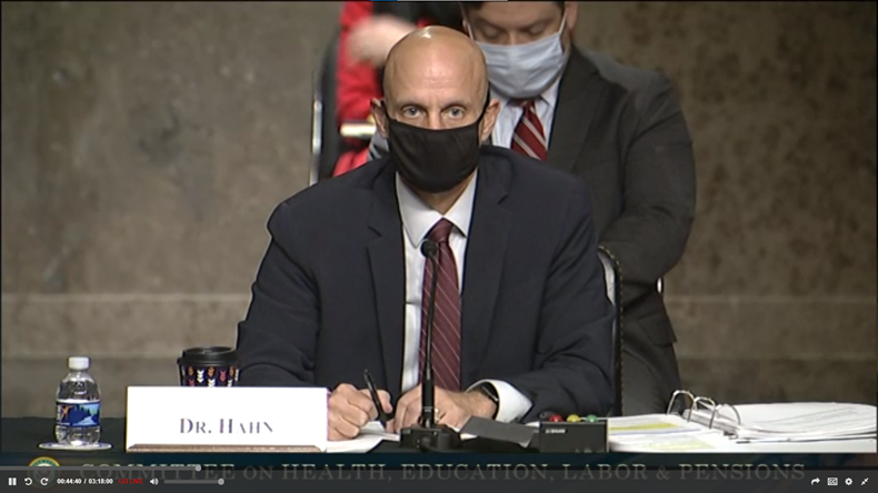 FDA Commissioner Stephen Hahn with mask at HELP hearing on 23 September 2020