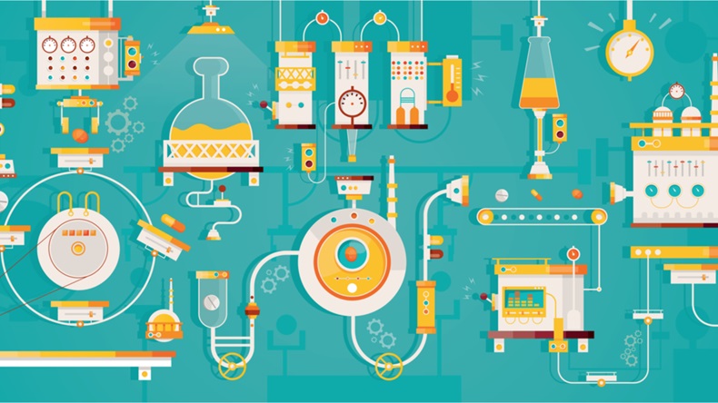 Modern vector illustration of pharmaceticual factory. Manufacturing of pharmacy. Technology of healthcare industry.