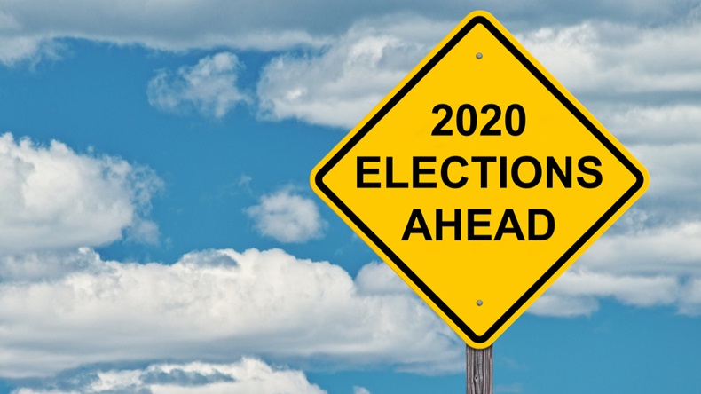 2020 Election Ahead - Caution Sign Blue Sky Background 