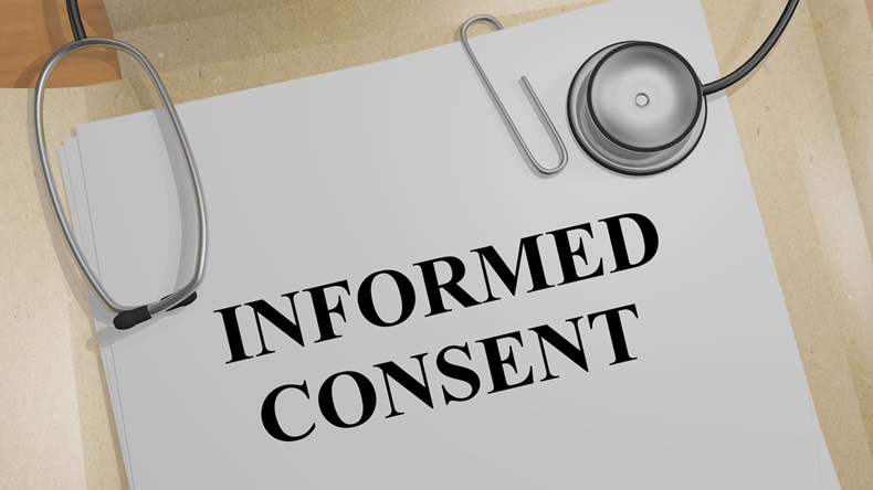 3D illustration of "INFORMED CONSENT" title on medical document