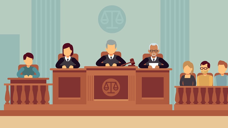 Courtroom interior with judges and lawyer. Justice and law concept