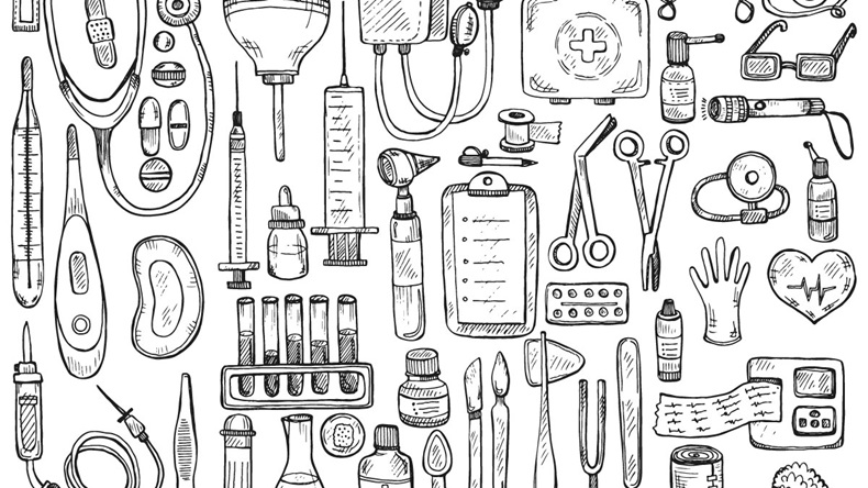 Big medical set including equipment , medical tools and drugs. Vector hand drawn medical collection - Vector
