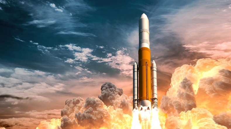 Heavy Rocket Launch On The Background Of Cloudy Sky. 3D Illustration. - Illustration 