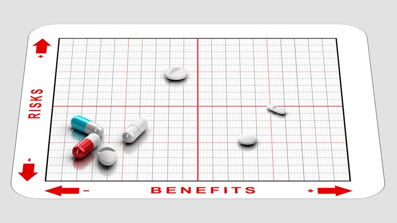 3D illustration of a matrix with tablets and the words risks and benefits. Concept of clinical trials results - Illustration 
