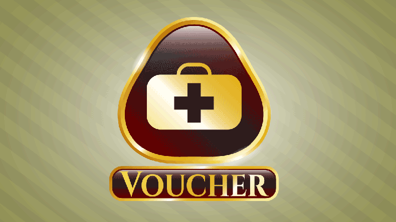 Gold shiny badge with medical briefcase icon and Voucher text inside - Vector 