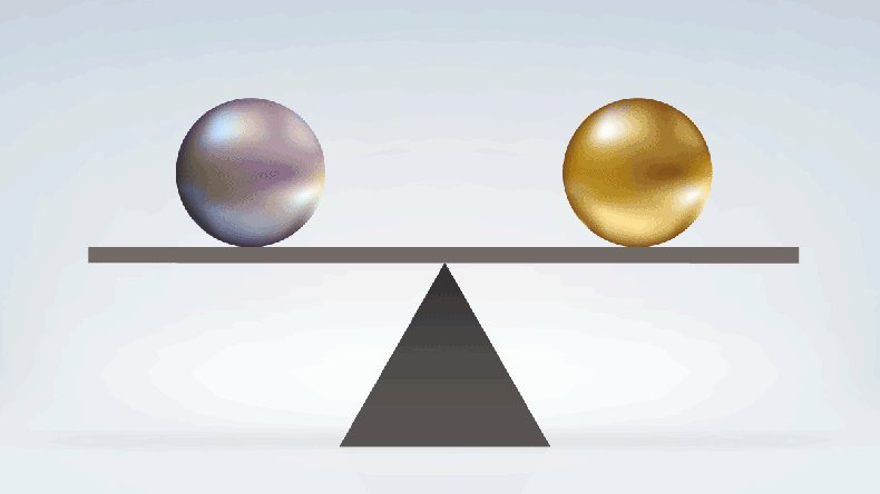 Concept of absolute parity with two same size balls but different color in perfect balance on a balance.