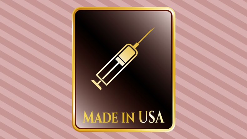 Gold shiny emblem with syringe icon and Made in USA text inside - Vector 