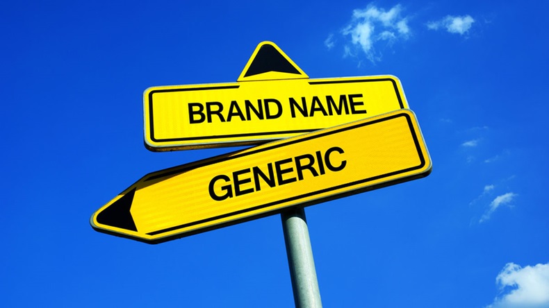 Brand Name or Generic - Traffic sign with two options - customer and dilemma of buying branded product vs no name commodity. Question of price and quality