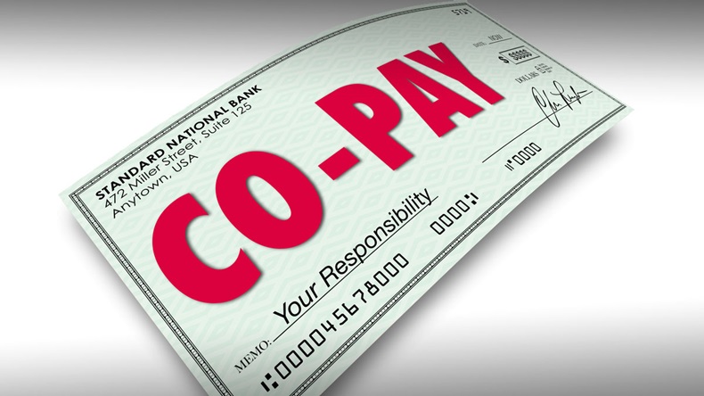 Co-Pay word on a check to illustrate a deductible payment or your share of an obligation or medical insurance coverage