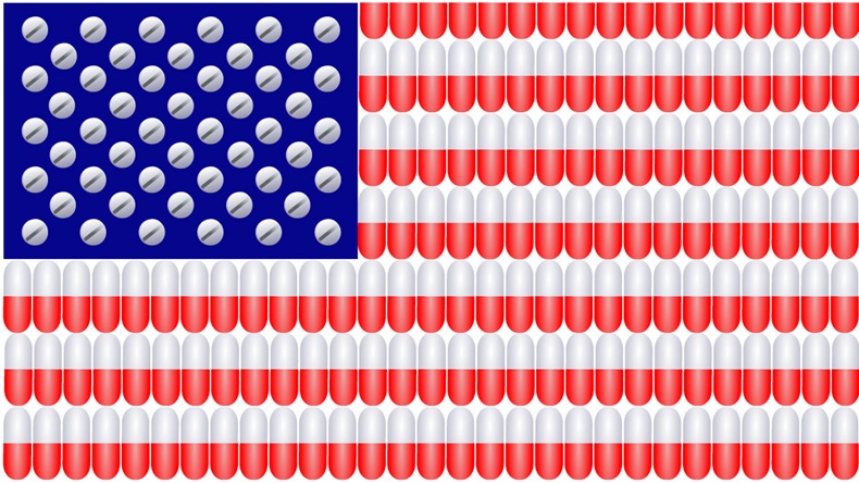 American Flag with stripes composed of red and white capsules and stars made from medicinal tablets - Vector 