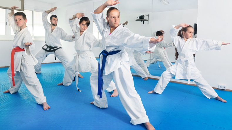 Children trying new martial moves in practice during karate class in a gym - Image 
