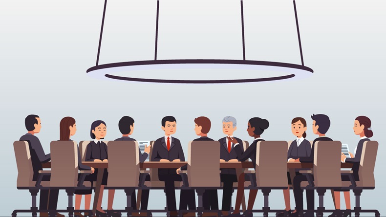 Politicians or corporate officers group authority people talks sitting at round table. Big war room. Negotiations conversation conference hall, boardroom or meeting room. Flat vector illustration - Vector 