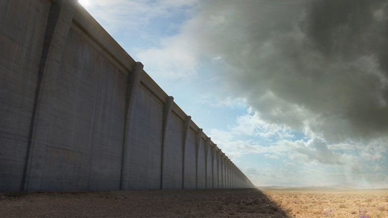 The Wall - A giant wall looms over us in a arid desert environment. Clouds appear bright and sunny on one side, overcast on the other side. 3D rendering - Illustration 