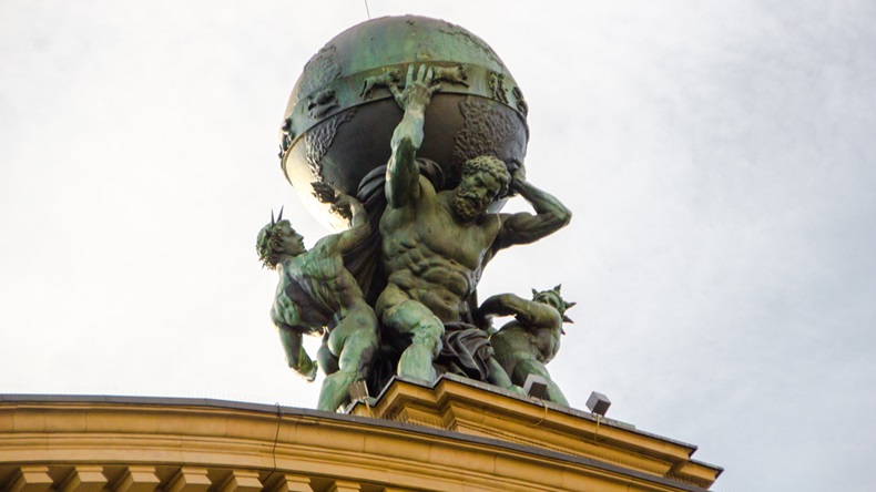 The titan called Atlas is carrying the world on his shoulders. Greek mythotology figure as part of the historical train station roof built in 1888 in Frankfurt, Germany. - Image 