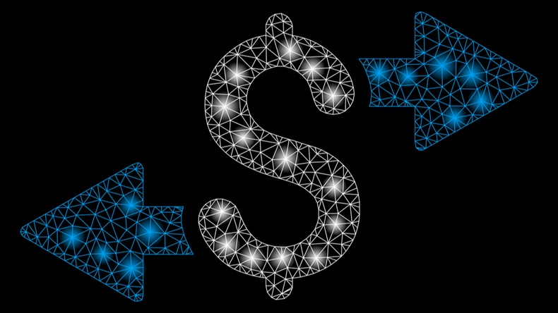 Glowing mesh spend money with lightspot effect. Abstract illuminated model of spend money icon. Shiny wire frame triangular network spend money. Vector abstraction on a black background. - Vector 