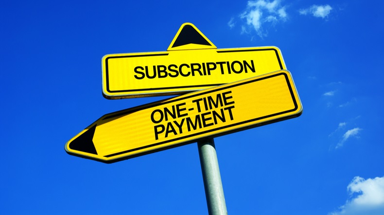 Subscription vs One-Time Payment - Traffic sign with two options - subscribe periodical service and product vs singular purchase and payment. - Image 
