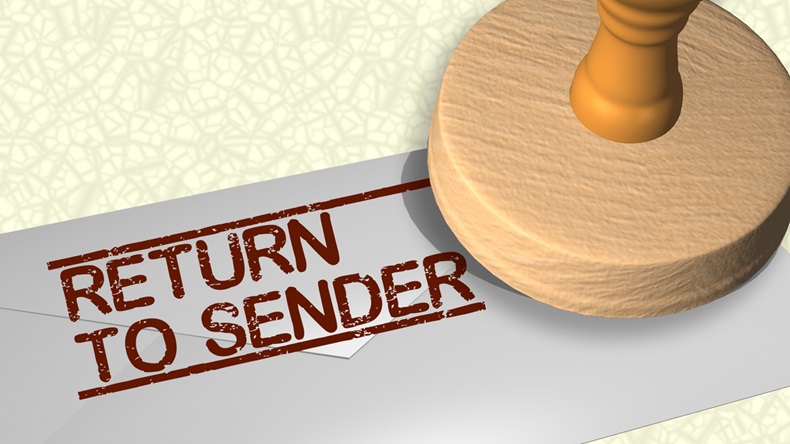 3D illustration of RETURN TO SENDER stamp title on a letter envelope - Illustration 