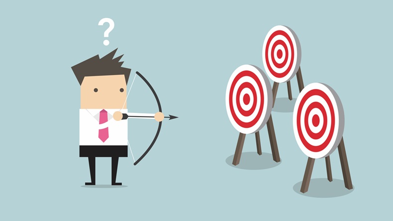  Businessman holding bow and arrow confused by multiple bulls eye target vector - Vector 