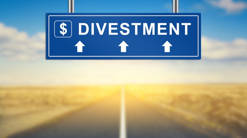 divestment words on blue road sign with blurred background