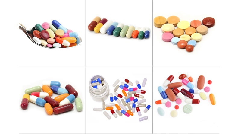 collage assortment of pills and capsules of colours