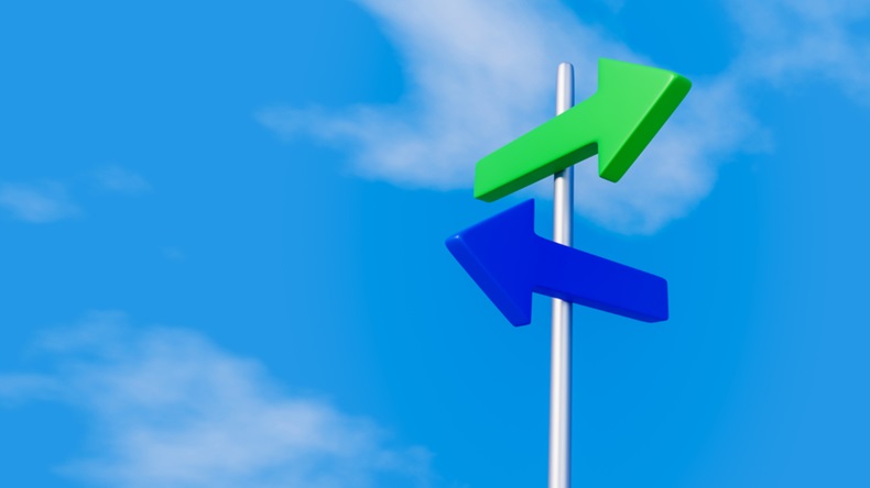 Two arrows pointed in different directions on a signpost 3D illustration