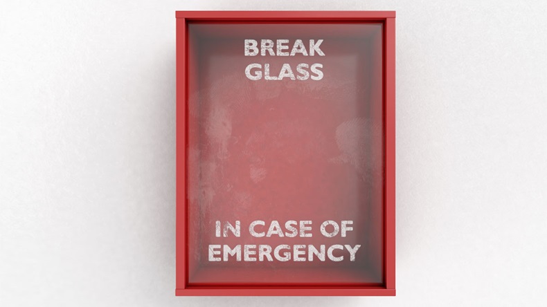 An empty red emergency box with an in case of emergency breakable glass on the front on an isolated background - 3D render