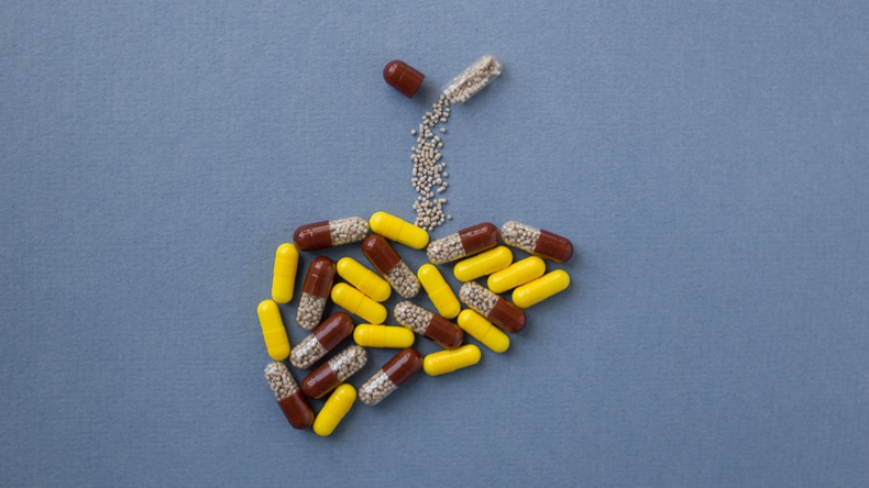 ealthcare and pharmacy concept - different pills and capsules of drugs in shape of liver