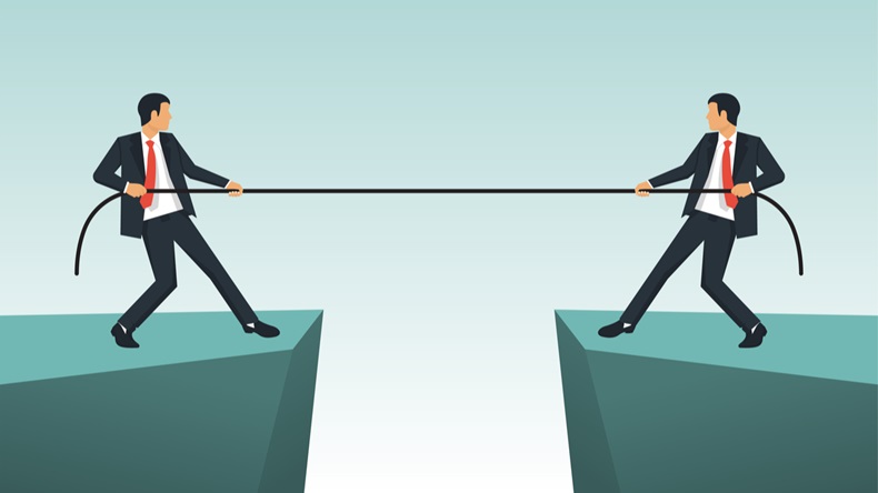 Competition concept. Business people. Businessmen in suit pull the rope at edge of cliff, symbol of rivalry, competition, conflict. Tug of war. Vector illustration, flat design. Corporate conflicts.