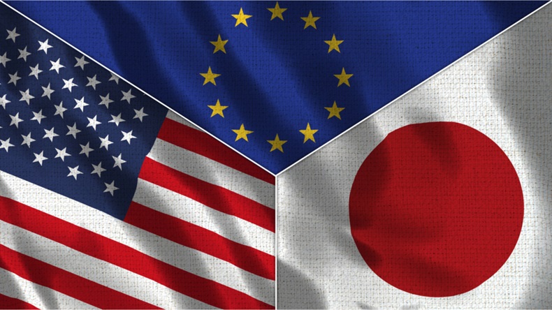 Usa and Japan and European Union Realistic Three Flags Together - 3D illustration Fabric Texture