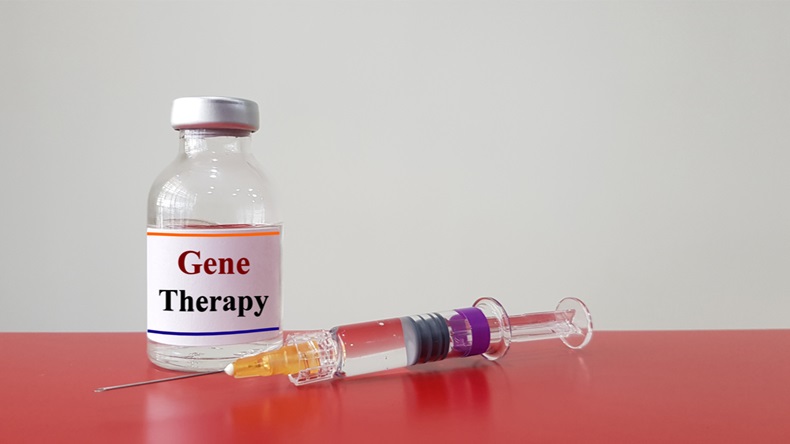 Gene therapy in bottle and syringe for injection. Gene therapy or gene transfer used for treatment or prevention disease as cancer, cystic fibrosis. Medical genetic and research technology concept.