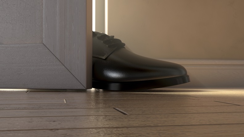 A realistic literal depiction of the saying get a foot in the door - 3D render