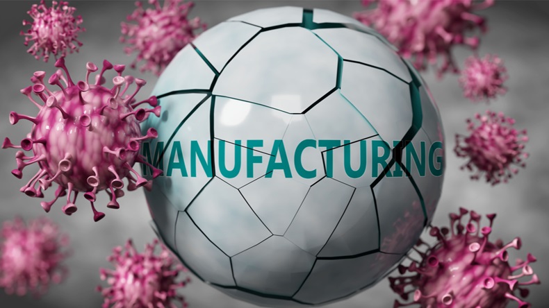 Manufacturing and Covid-19 virus, symbolized by viruses destroying word Manufacturing to picture that coronavirus outbreak destroys Manufacturing, blurred background, 3d illustration