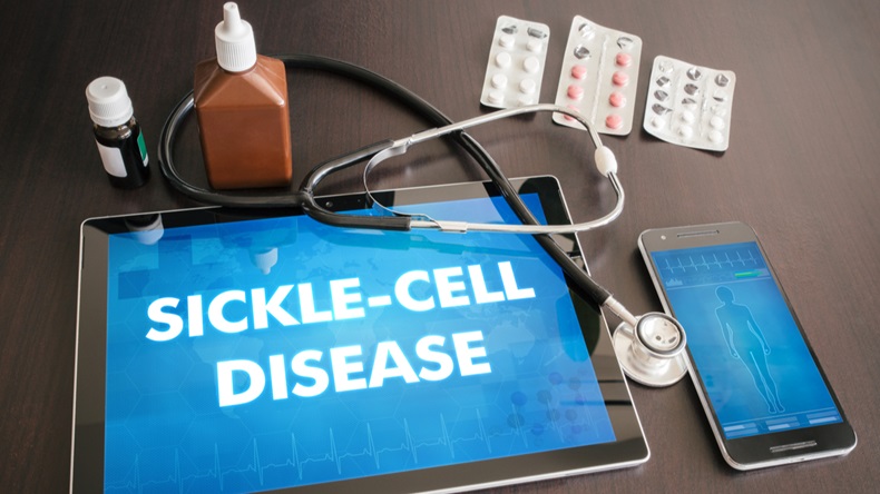 Sickle-cell disease (genetic disorder) diagnosis medical concept on tablet screen with stethoscope.