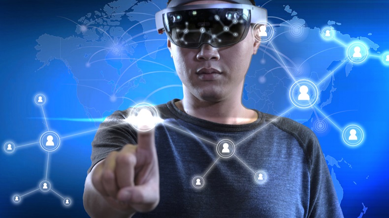 Men making connection in virtual reality world with hololens