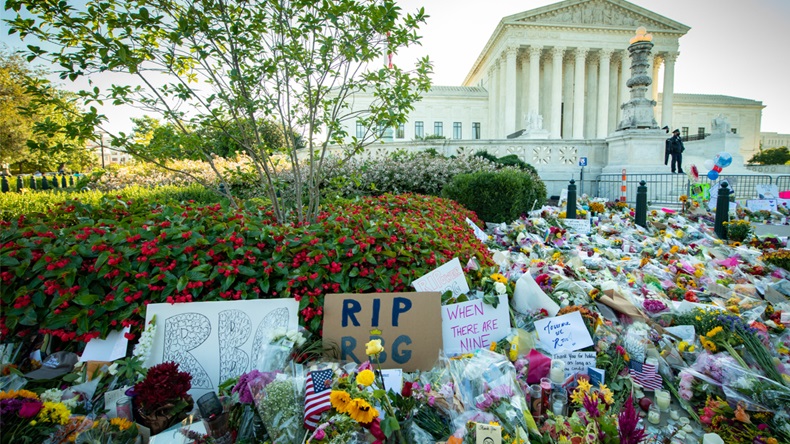 WASHINGTON SEPTEMBER 20, 2020 – Notes and flowers are left at the Supreme Court of the United States in memory of late Supreme Court Justice Ruth Bader Ginsburg in Washington DC on September 20, 2020