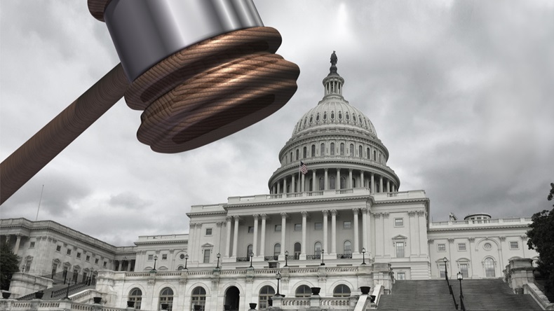 Congress and law as congressional subpoena and political legislation concept or government investigation and legislative reform in the United States with 3D illustration elements.