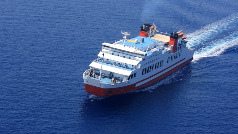 Aerial view of passenger ferry boat in open waters 