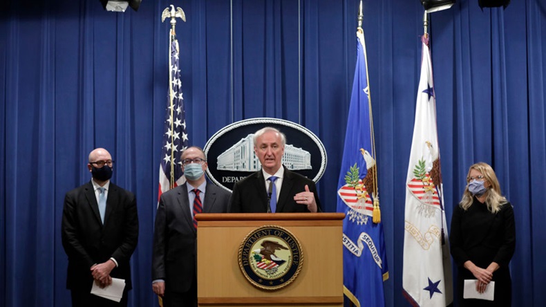 Deputy US Attorney General Jeffrey Rosen announces that Purdue Pharma LP has agreed to plead guilty to criminal charges over the handling of its addictive prescription opioid OxyContin during a news conference at the Justice Department in Washington,DC on October 21, 2020. (Photo by YURI GRIPAS / POOL / AFP) (Photo by YURI GRIPAS/POOL/AFP via Getty Images)
