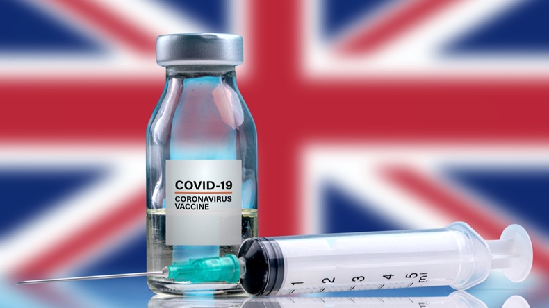 Vaccine and syringe injection. For prevention, immunization and treatment from corona virus infection (novel coronavirus disease 2019, Covid-19). England Flag background.