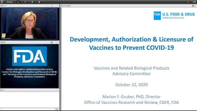 US FDA's CBER's Office of Vaccine Research & Review Director Marion Gruber presents during the 22 October VRBPAC meeting.