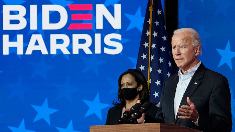 11/07/2020, USA: Democratic presidential nominee Joe Biden speaks as vice presidential nominee Sen. Kamala Harris listens at The Queen theater, in Wilmington.