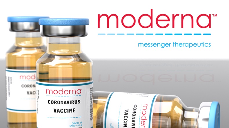 Stone/UK- November 12, 2020: Moderna Inc makes mRNA-1273 experimental COVID-19 vaccine. Vaccine jar effective in preventing 90 percent of Covid-19 Coronavirus infections