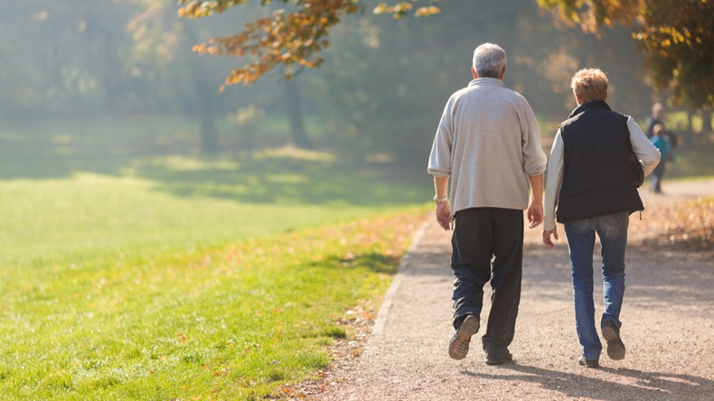 Senior citizen couple taking a walk in a park during autumn morning. 