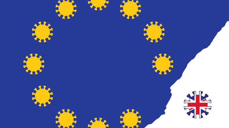 EU flag with virus symbols torn with UK flag ioutsdie to compare post-brexit coronavirus response