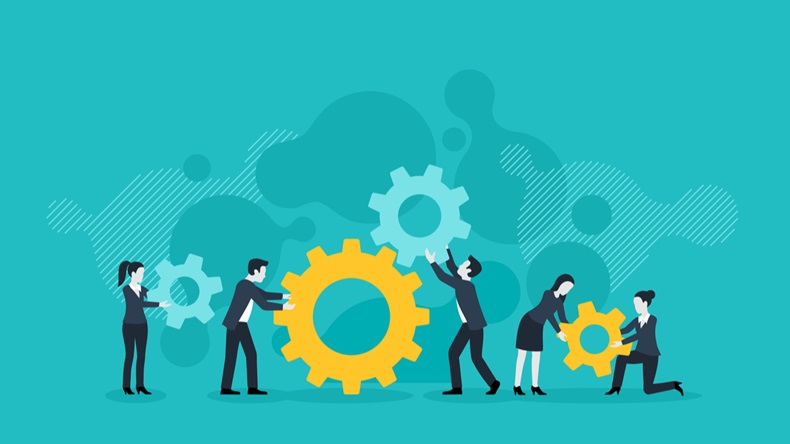 People team with gears - business management and working process conceptual illustration