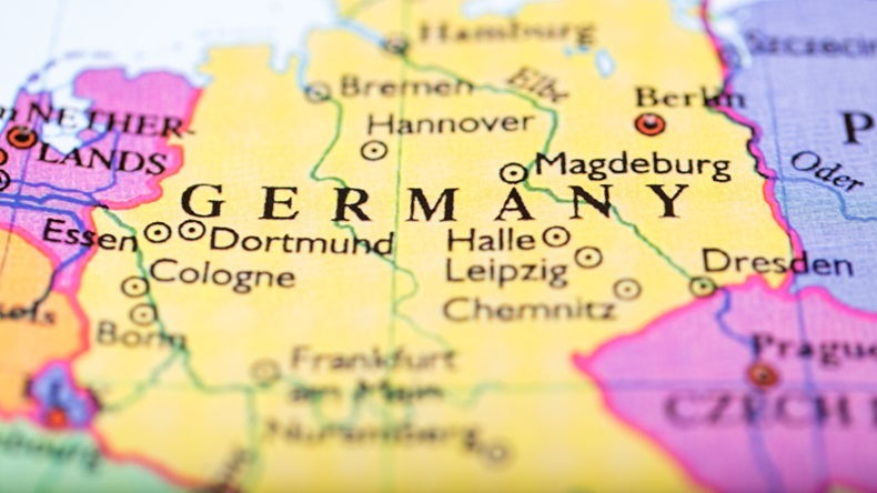 Close-up of colored map of Europe zoomed in on Germany