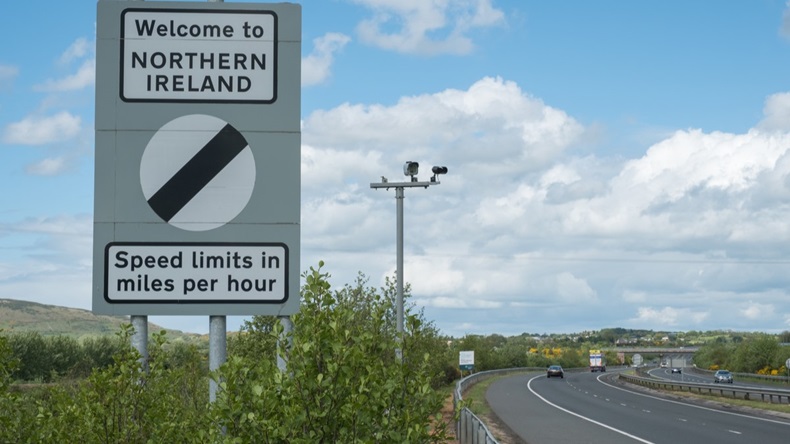 Republic of Ireland and Northern Ireland border sign on M1 motorway. Ireland. May 2017